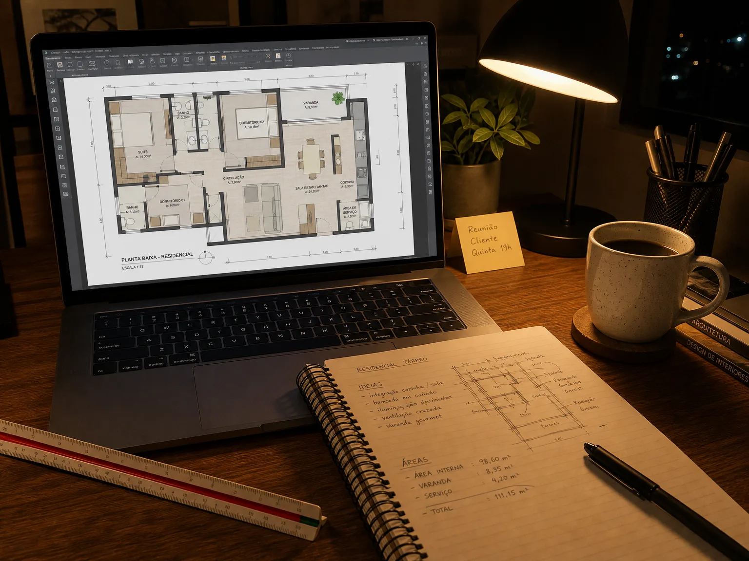 Mesa de estudo à noite com uma planta baixa residencial aberta na tela